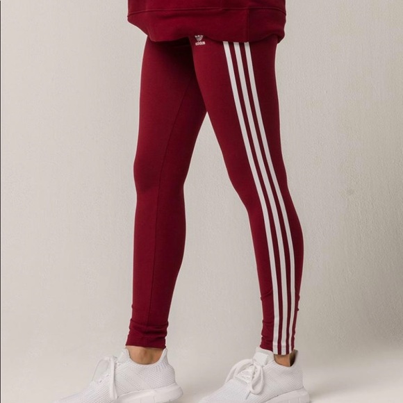 adidas Pants - Adidas burgundy 3 stripes right side leggings sz S